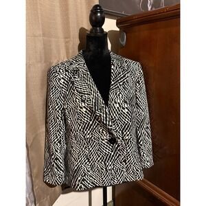 Kasper Womens Black White Geometric Chevron Print Single Button Blazer Jacket 14